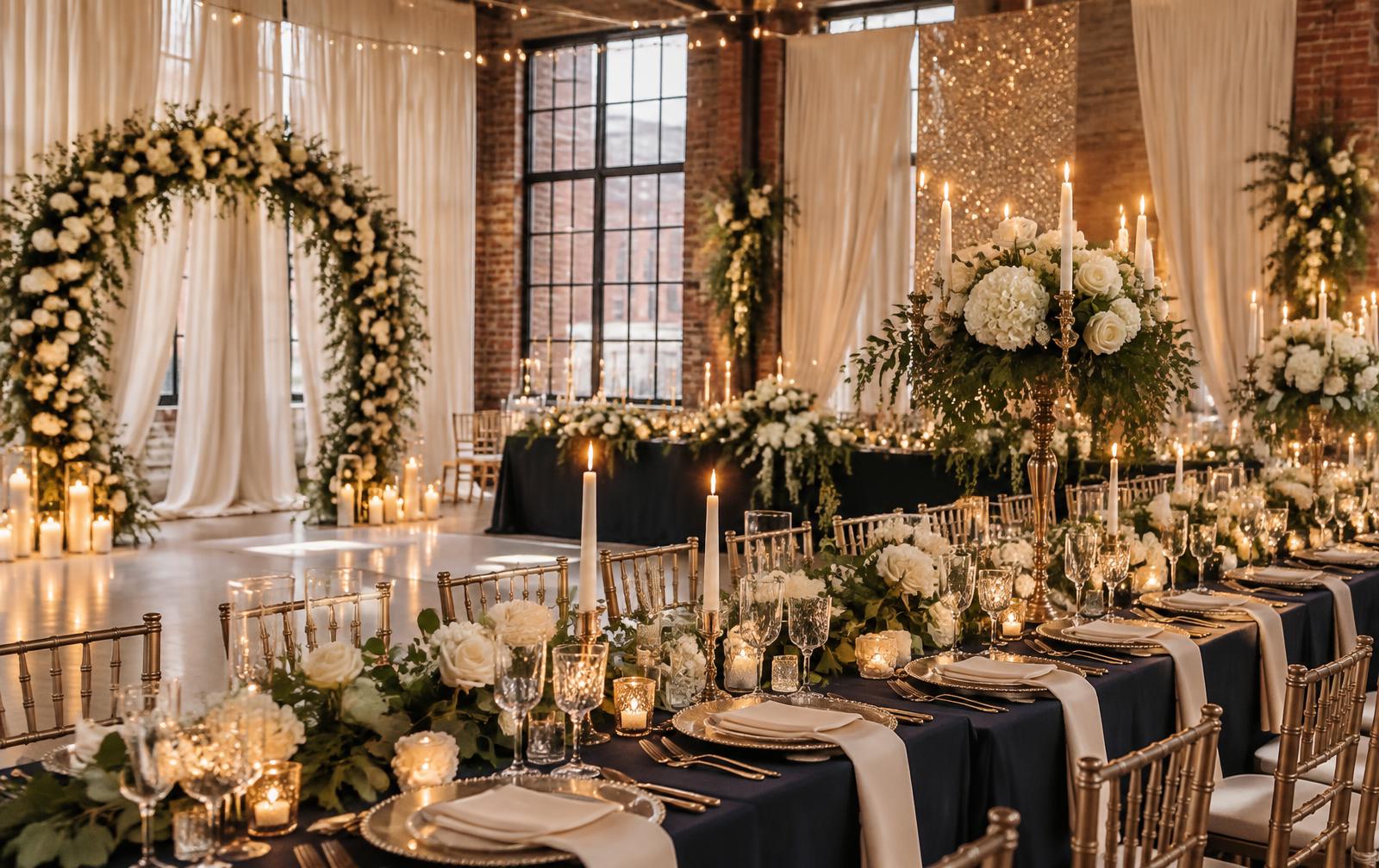 Converted mill wedding venue styled with ivory drapes, a circular white floral arch, navy table linen, gold chargers, taper candles and warm string lights