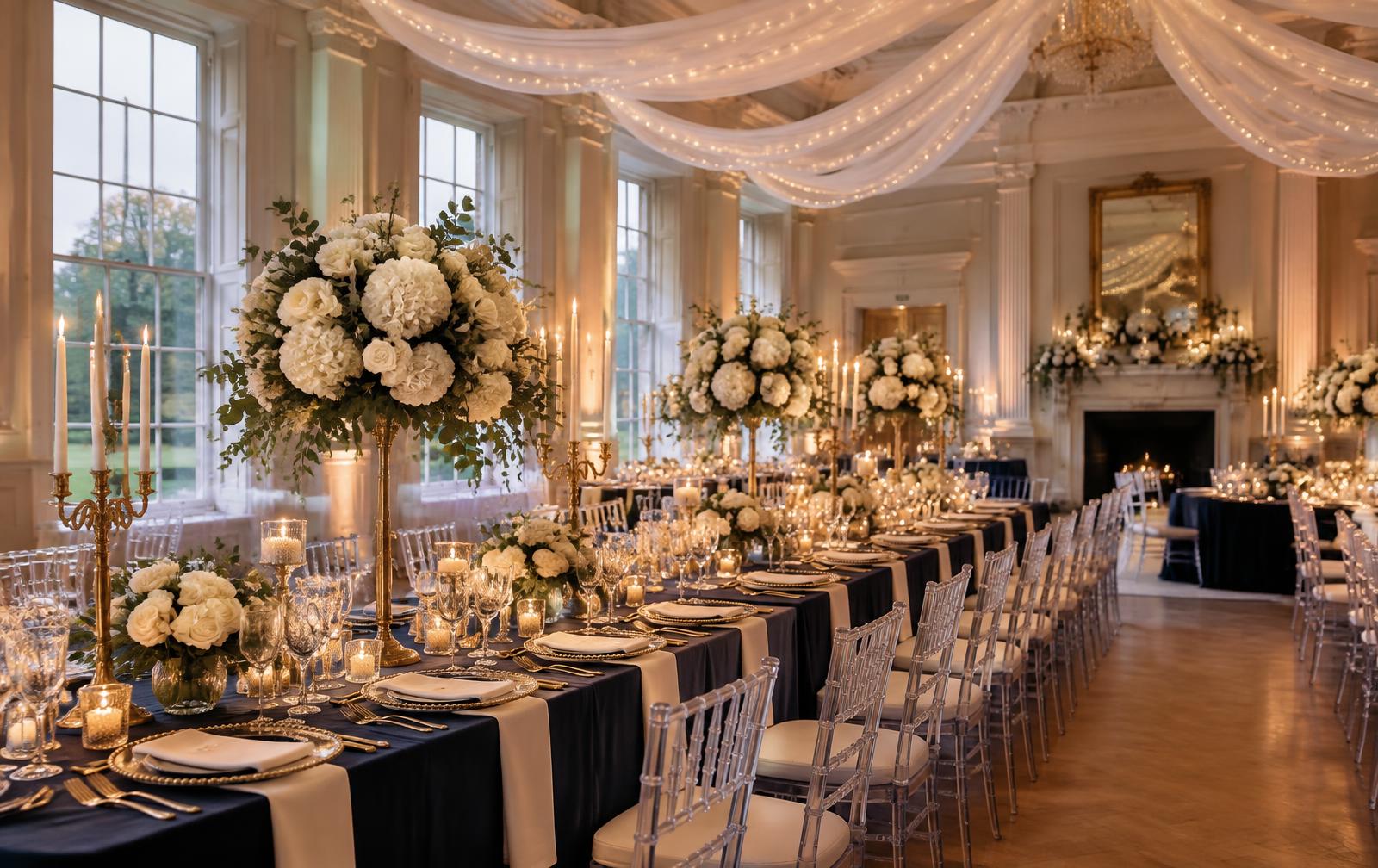 Elegant wedding reception venue with navy table linen, gold candelabras, tall white floral centrepieces and ceiling drapes with fairy lights
