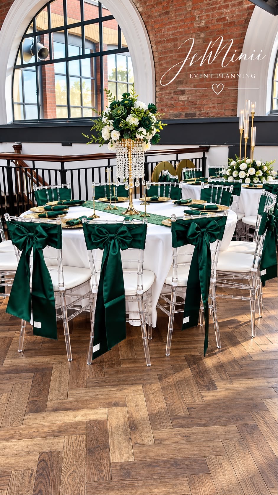 Victor's party round table with forest green sequined runner, gold chargers and ghost chairs with green satin bows, styled by Jeminii Event Styling in Manchester