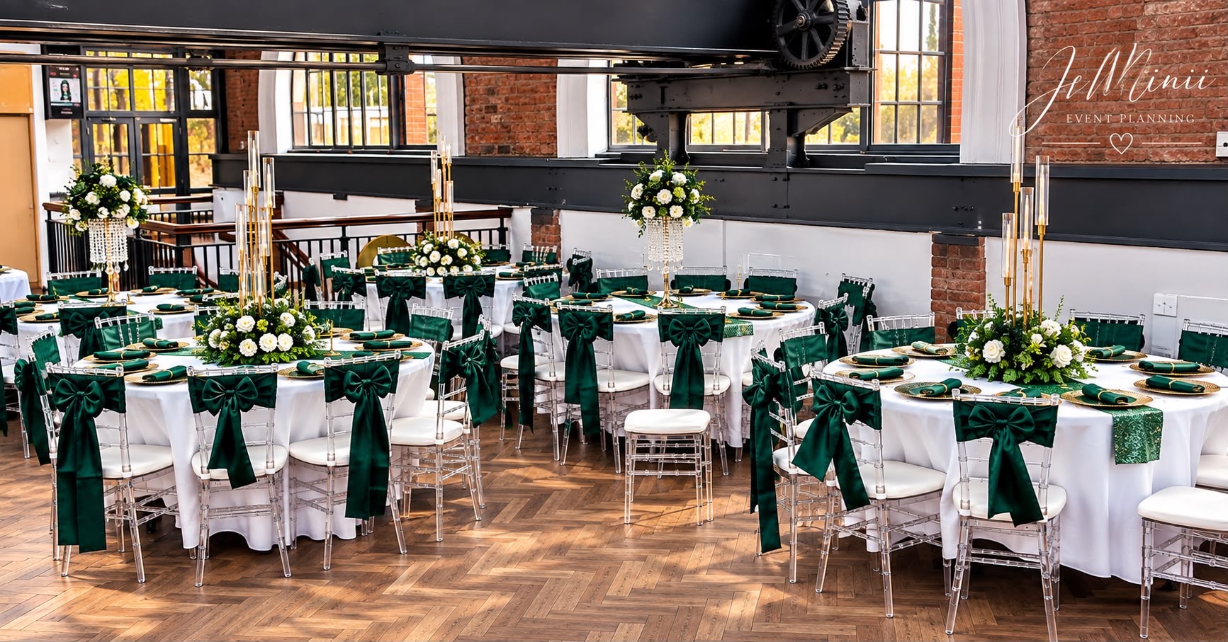 Victor's party ballroom with round tables, forest green and gold décor in an industrial-chic venue, styled by Jeminii Event Styling in Manchester