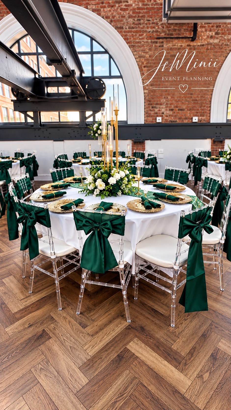 Victor's party table with low white floral centrepiece, gold candelabra and green napkins, styled by Jeminii Event Styling in Manchester