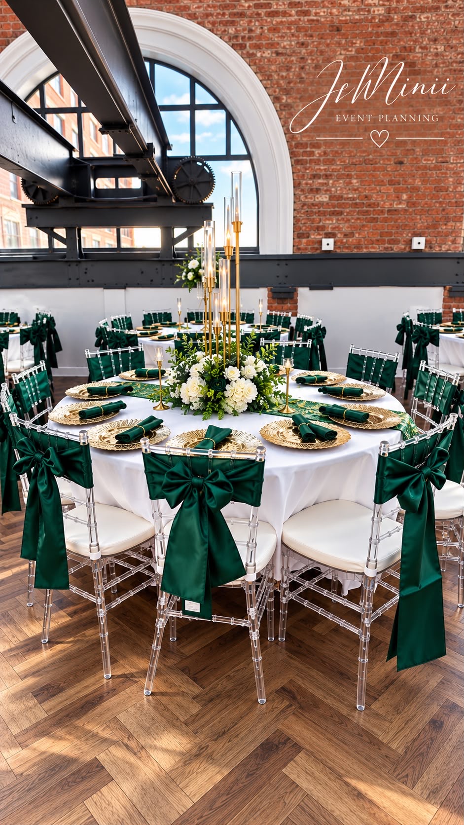 Victor's party formal dinner table with emerald green runner, gold candelabra and white roses, styled by Jeminii Event Styling in Manchester