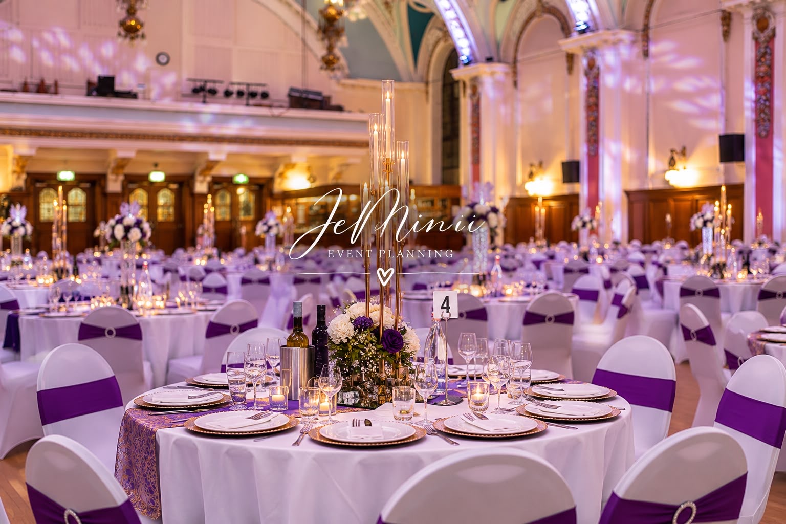 Gold candelabra tablescape with white and purple roses, styled by Jeminii Event Styling in Manchester