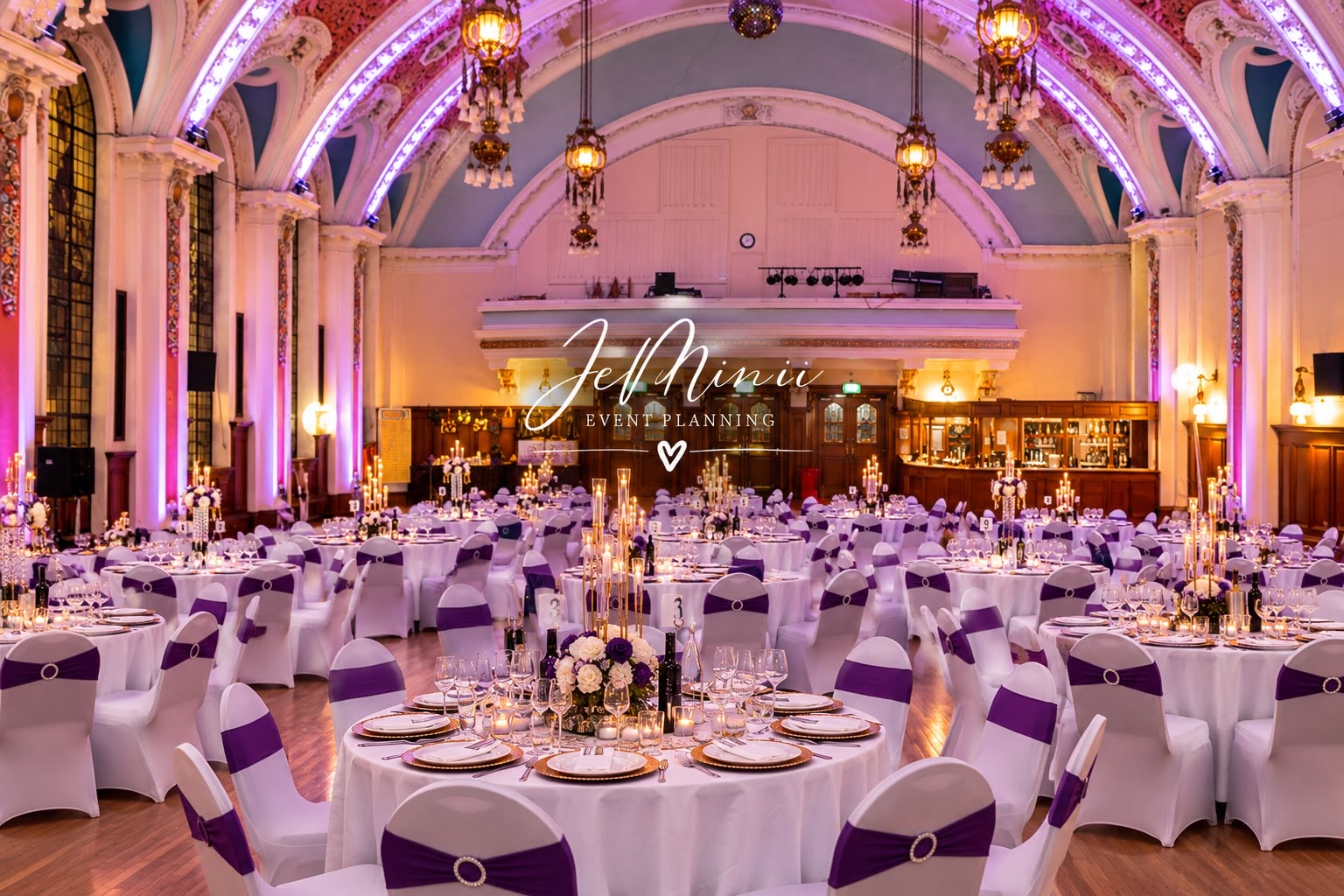 Venue perspective with candelabras, chandeliers and purple ambient lighting, styled by Jeminii Event Styling in Manchester