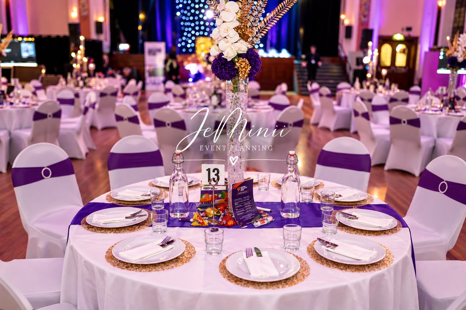 Table number detail with orchid vase and gold sequin chargers, styled by Jeminii Event Styling in Manchester